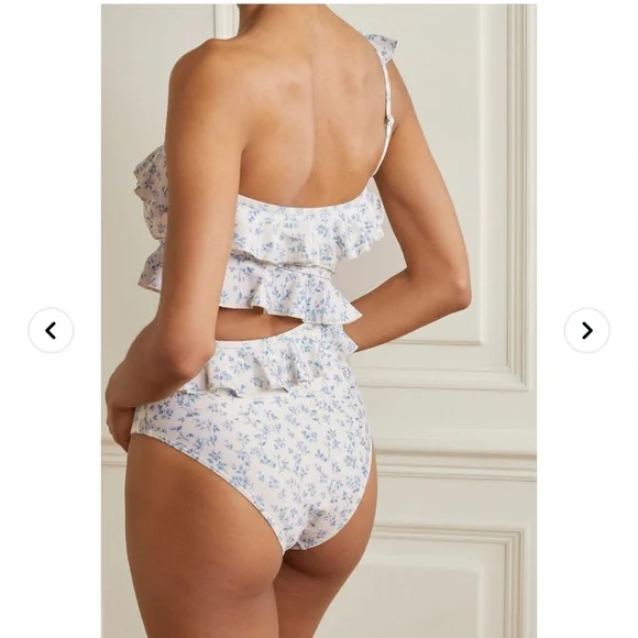 Peony Renaissance Ruffle One Shoulder One Piece Swimsuit in Porcelain